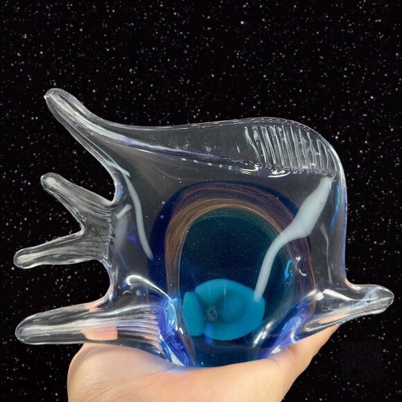 Multicolor Large Art Glass Fish Figurine Paperweight Blue W Clear Edges Heavy - Picture 1 of 14